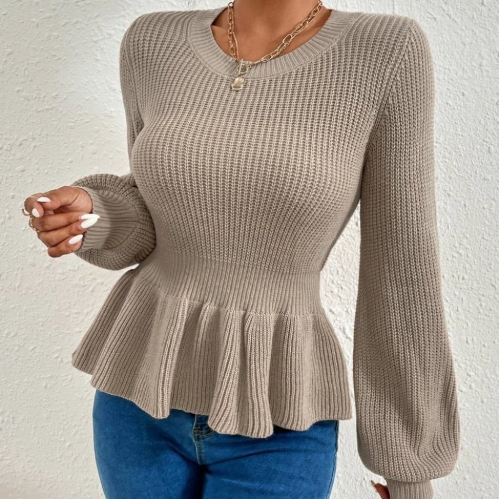 PEPLUM LANTERN SLEEVE KNIT SWEATER FALL WINTER CHIC CASUAL STREETWEAR - Picture 3 of 6